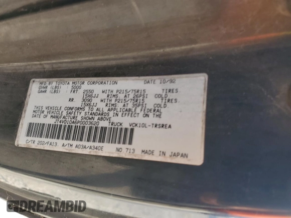1993 Toyota T100 DX with VIN JT4VD10A6P0003620, listed as a Copart auction lot 52171365 with 265,348 mi miles and Salvage Title. Bid and sale history available at carsss.com. Image 12.