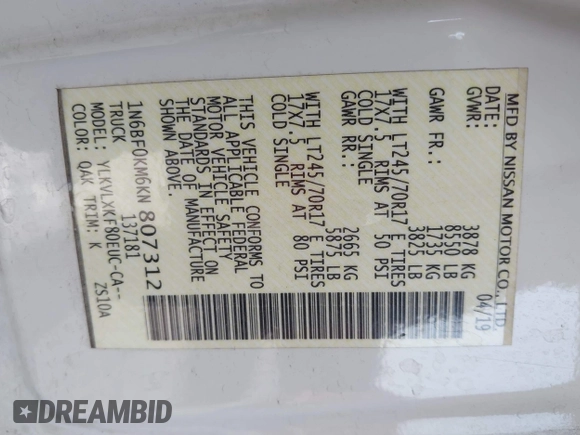 2019 Nissan NV Cargo S z VIN 1N6BF0KM6KN807312, wystawiony jako IAAI lot #42212923 z przebiegiem 211 162 mil mil oraz . Historia ofert i sprzedaży dostępna na DreamBid. Obrazek 9.