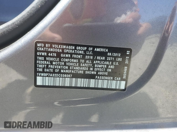 2013 Volkswagen Passat SE z VIN 1VWBP7A32DC036067, wystawiony jako Copart lot #57707025 z przebiegiem 168 751 mil mil oraz Szkoda całkowita • Salvage title. Historia ofert i sprzedaży dostępna na DreamBid. Obrazek 12.