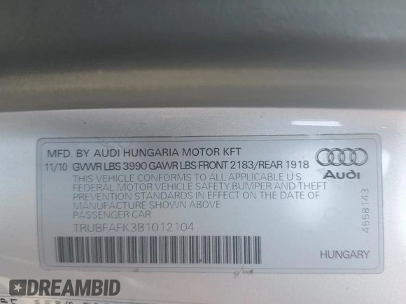 2011 Audi TT Premium Plus z VIN TRUBFAFK3B1012104, wystawiony jako Copart lot #60073635 z przebiegiem 97 563 mil mil oraz Szkoda całkowita • Salvage title. Historia ofert i sprzedaży dostępna na DreamBid. Obrazek 12.
