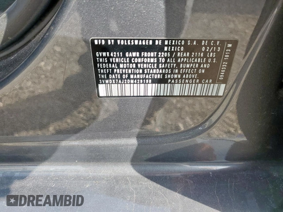 2013 Volkswagen Jetta SE with VIN 3VWDX7AJ2DM429198, listed as a Copart auction lot 56983025 with 68,365 mi miles and Salvage title. Bid and sale history available at DreamBid. Image 12.