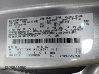 2020 Ford Escape Titanium с VIN 1FMCU9J92LUB28137, выставлен на аукционе IAAI как лот 42370699 с пробегом 53 253 миль миль и . История ставок и продаж доступна на DreamBid. Изображение 9.