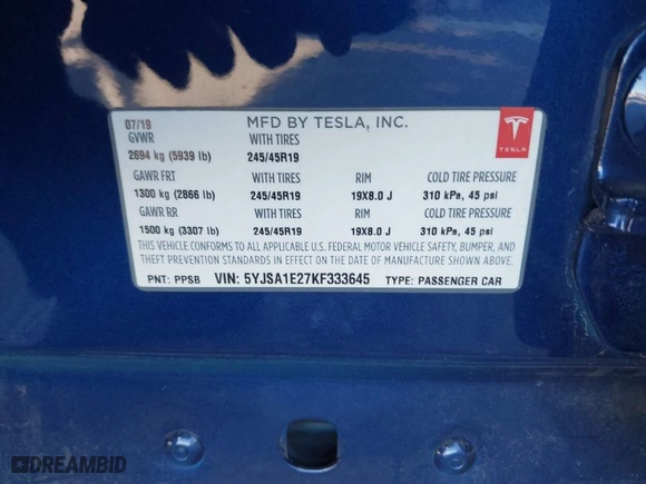 2019 Tesla Model S 75D with VIN 5YJSA1E27KF333645, listed as a IAAI auction lot 41647989 with 52,528 mi miles. Bid and sale history available at carsss.com. Image 9.