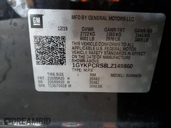 2020 Cadillac XT6 FWD Premium Luxury with VIN 1GYKPCRS8LZ149860, listed as a Copart auction lot 61108985 with 58,459 mi miles and Salvage title. Bid and sale history available at DreamBid. Image 12.
