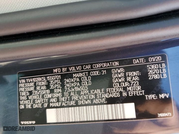 2020 Volvo XC60 Momentum with VIN YV4102RK5L1550701, listed as a Copart auction lot 65503862 with 8,679 mi miles. Bid and sale history available at carsss.com. Image 10.
