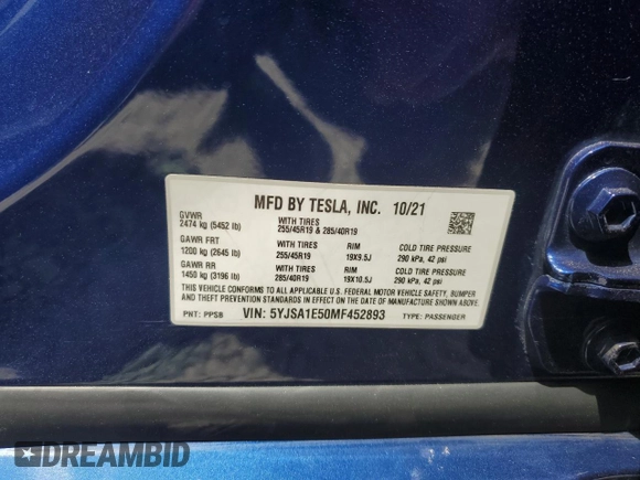 2021 Tesla Model S Long Range с VIN 5YJSA1E50MF452893, выставлен на аукционе Copart как лот 54139865 с пробегом 56 410 миль миль и Списание • Salvage title. История ставок и продаж доступна на DreamBid. Изображение 13.