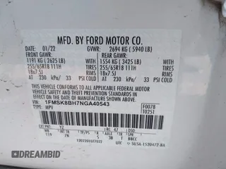 2022 Ford Explorer with VIN 1FMSK8BH7NGA40543, listed as a IAAI auction lot 41902785 with 1 mi miles. Bid and sale history available at carsss.com. Image 9.