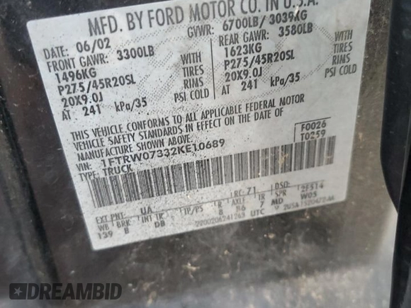 2002 Ford F-150 Harley Davidson with VIN 1FTRW07332KE10689, listed as a Copart auction lot 88341885 with 0 mi miles and Salvage Title. Bid and sale history available at carsss.com. Image 14.