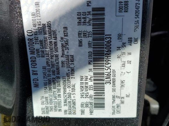 2017 Lincoln MKZ Select with VIN 3LN6L5C99HR600631, listed as a Copart auction lot 49311775 with 82,995 mi miles and Clean Title. Bid and sale history available at DreamBid. Image 13.