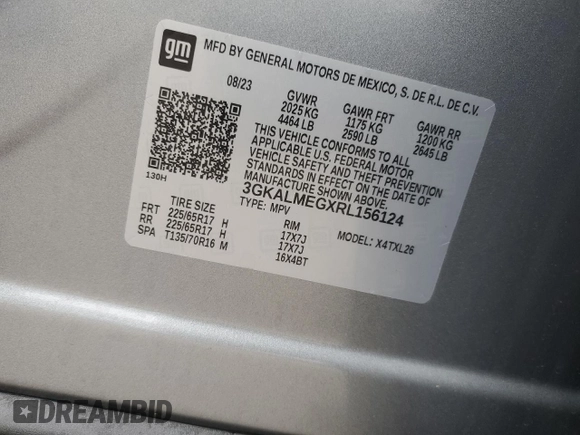 2024 GMC Terrain SLE with VIN 3GKALMEGXRL156124, listed as a Copart auction lot 60152115 with 38,215 mi miles and Salvage title. Bid and sale history available at DreamBid. Image 13.