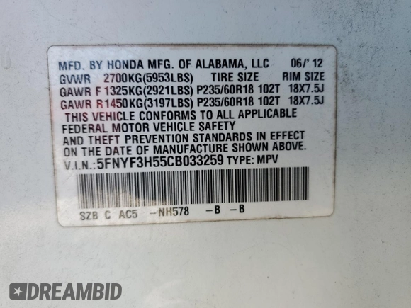 2012 Honda Pilot EX-L with VIN 5FNYF3H55CB033259, listed as a Copart auction lot 45367335 with 207,841 mi miles and Salvage Title. Bid and sale history available at DreamBid. Image 13.