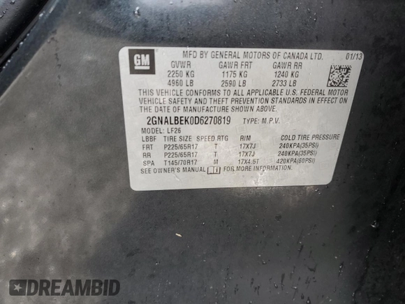 2013 Chevrolet Equinox LS with VIN 2GNALBEK0D6270819, listed as a Copart auction lot 48533605 with 138,651 mi miles and Salvage Title. Bid and sale history available at carsss.com. Image 15.