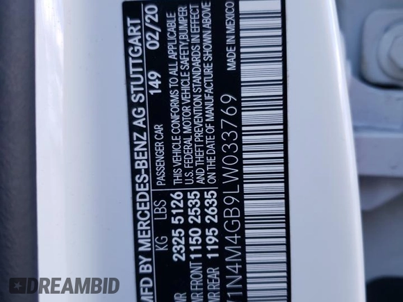 2020 Mercedes-Benz GLB with VIN W1N4M4GB9LW033769, listed as a Copart auction lot 65752892 with 51,326 mi miles. Bid and sale history available at carsss.com. Image 10.