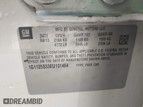 2014 Chevrolet Impala LT with VIN 1G1125S33EU101464, listed as a IAAI auction lot 41863521 with 215,270 mi miles and . Bid and sale history available at DreamBid. Image 9.