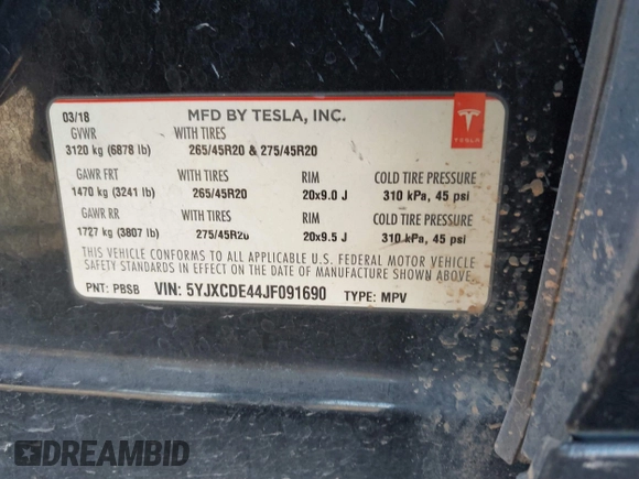 2018 Tesla Model X 75D with VIN 5YJXCDE44JF091690, listed as a IAAI auction lot 41585617 with 128,826 mi miles and . Bid and sale history available at DreamBid. Image 9.