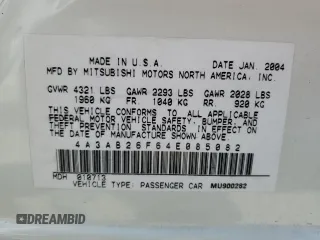 2004 Mitsubishi Galant DE with VIN 4A3AB26F64E085082, listed as a Copart auction lot 52457665 with 175,956 mi miles and Salvage Title. Bid and sale history available at carsss.com. Image 12.