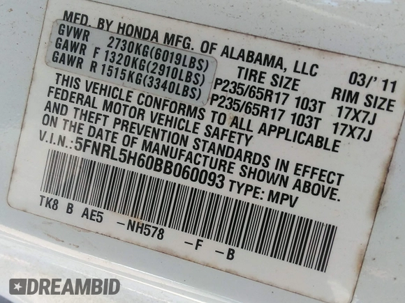 2011 Honda Odyssey EX-L с VIN 5FNRL5H60BB060093, выставлен на аукционе IAAI как лот 42567752 с пробегом 151 632 миль миль и . История ставок и продаж доступна на DreamBid. Изображение 9.