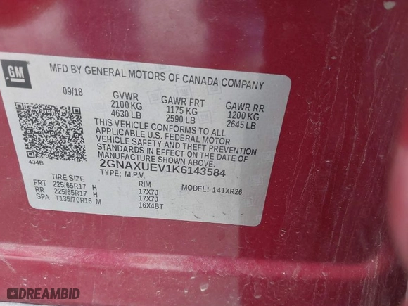 2019 Chevrolet Equinox LT with VIN 2GNAXUEV1K6143584, listed as a IAAI auction lot 42032859 with 51,646 mi miles. Bid and sale history available at carsss.com. Image 9.