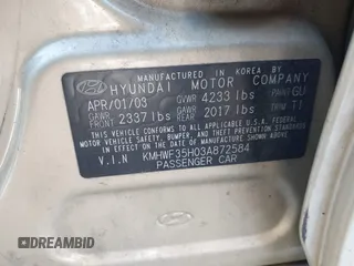 2003 Hyundai Sonata GLS with VIN KMHWF35H03A872584, listed as a IAAI auction lot 41538079 with 203,501 mi miles. Bid and sale history available at carsss.com. Image 9.