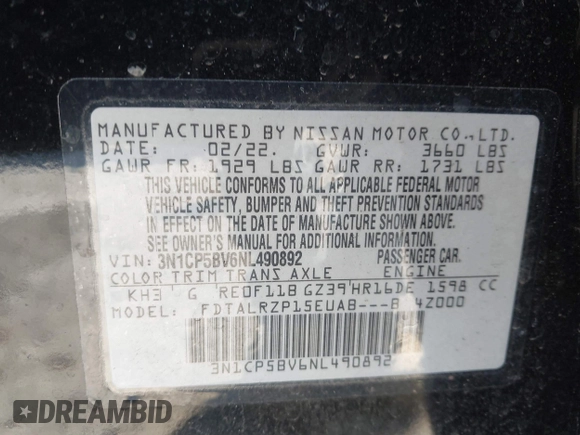 2022 Nissan Kicks S z VIN 3N1CP5BV6NL490892, wystawiony jako IAAI lot #41889420 z przebiegiem 61 608 mil mil oraz . Historia ofert i sprzedaży dostępna na DreamBid. Obrazek 9.