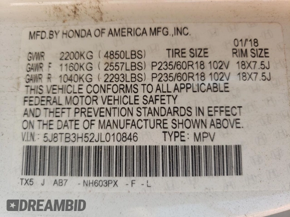 2018 Acura RDX Technology with VIN 5J8TB3H52JL010846, listed as a Copart auction lot 54174944 with Not provided miles and Salvage title. Bid and sale history available at DreamBid. Image 12.