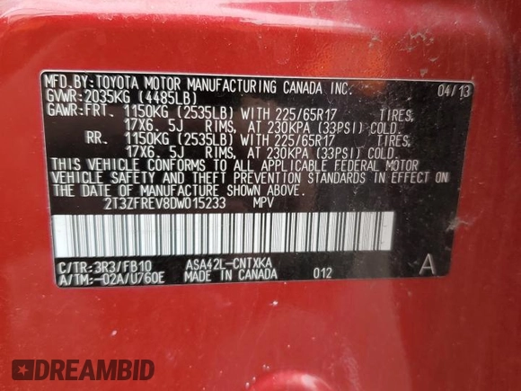 2013 Toyota RAV4 LE with VIN 2T3ZFREV8DW015233, listed as a Copart auction lot 49684555 with 115,934 mi miles and Salvage Title. Bid and sale history available at carsss.com. Image 12.