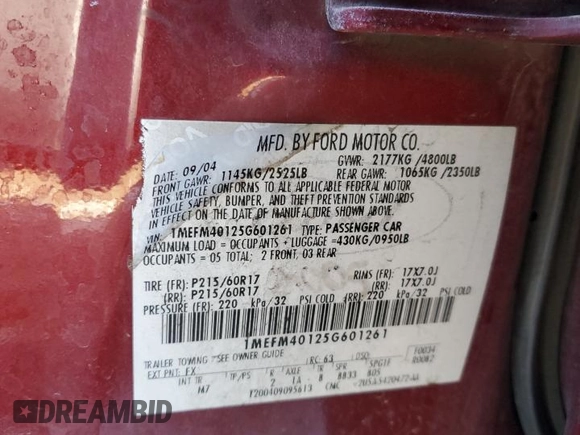 2005 Mercury Montego Luxury z VIN 1MEFM40125G601261, wystawiony jako Copart lot #88334305 z przebiegiem Nie podano mil oraz Szkoda całkowita • Salvage title. Historia ofert i sprzedaży dostępna na DreamBid. Obrazek 12.