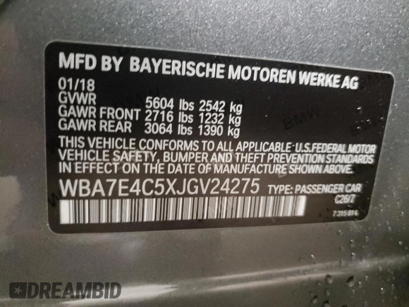 2018 BMW 7 Series 740i xDrive with VIN WBA7E4C5XJGV24275, listed as a Copart auction lot 48987063 with 48,864 mi miles. Bid and sale history available at carsss.com. Image 13.