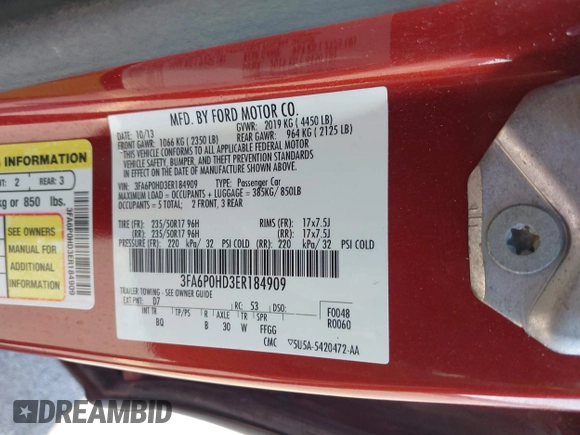 2014 Ford Fusion SE with VIN 3FA6P0HD3ER184909, listed as a IAAI auction lot 41905831 with 110,404 mi miles and . Bid and sale history available at DreamBid. Image 9.