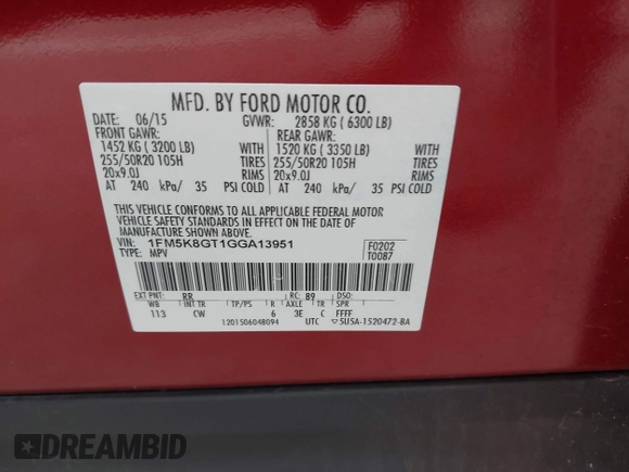 2016 Ford Explorer Sport with VIN 1FM5K8GT1GGA13951, listed as a IAAI auction lot 42434583 with 115,971 mi miles and . Bid and sale history available at DreamBid. Image 9.