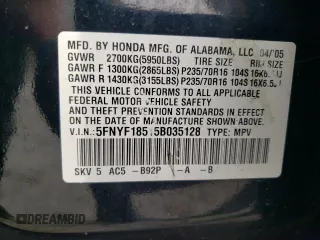 2005 Honda Pilot EX-L with VIN 5FNYF18515B035128, listed as a Copart auction lot 52935285 with 184,566 mi miles and Clean Title. Bid and sale history available at carsss.com. Image 13.