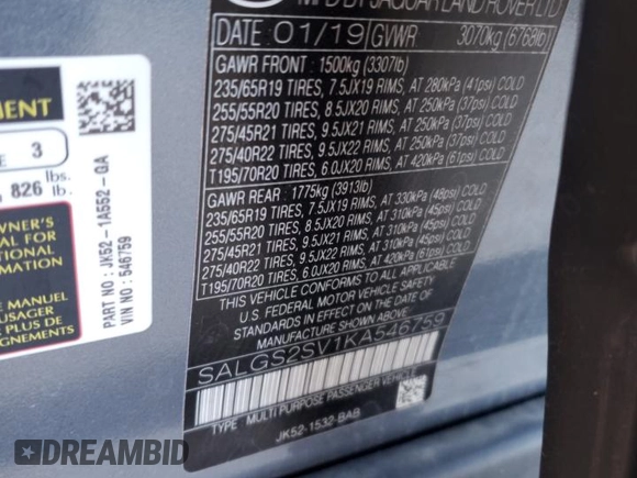 2019 Land Rover Range Rover HSE with VIN SALGS2SV1KA546759, listed as a Copart auction lot 81567824 with 22,710 mi miles and Salvage Title. Bid and sale history available at DreamBid. Image 13.