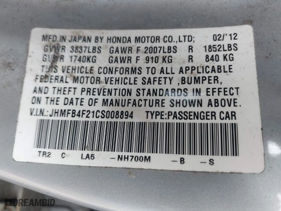 2012 Honda Civic Hybrid with VIN JHMFB4F21CS008894, listed as a IAAI auction lot 41901579 with 336,630 mi miles. Bid and sale history available at carsss.com. Image 9.