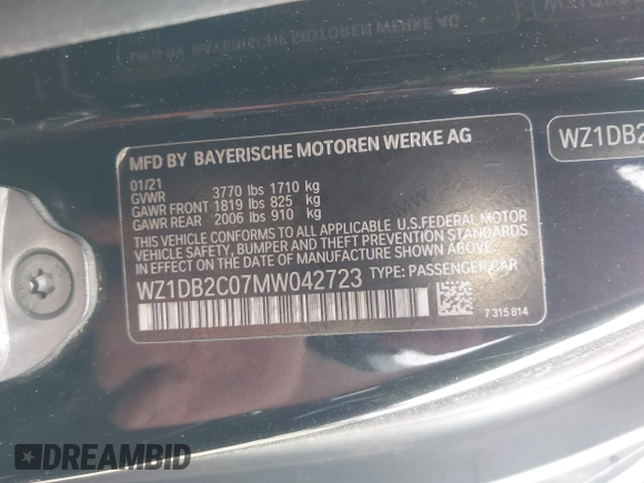 2021 Toyota Supra 2.0 with VIN WZ1DB2C07MW042723, listed as a IAAI auction lot 42635977 with 54,011 mi miles and . Bid and sale history available at DreamBid. Image 9.