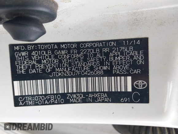 2015 Toyota Prius Four with VIN JTDKN3DU7F0426088, listed as a IAAI auction lot 42157924 with 109,746 mi miles and . Bid and sale history available at DreamBid. Image 9.