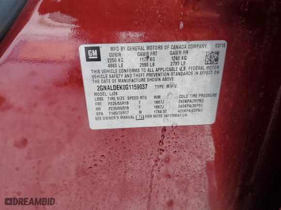 2016 Chevrolet Equinox LTZ with VIN 2GNALDEK0G1159037, listed as a Copart auction lot 83595464 with 113,745 mi miles and Clean Title. Bid and sale history available at carsss.com. Image 13.