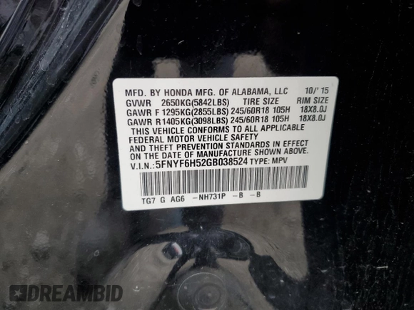 2016 Honda Pilot EX-L with VIN 5FNYF6H52GB038524, listed as a Copart auction lot 51570245 with 147,354 mi miles and Salvage Title. Bid and sale history available at carsss.com. Image 13.