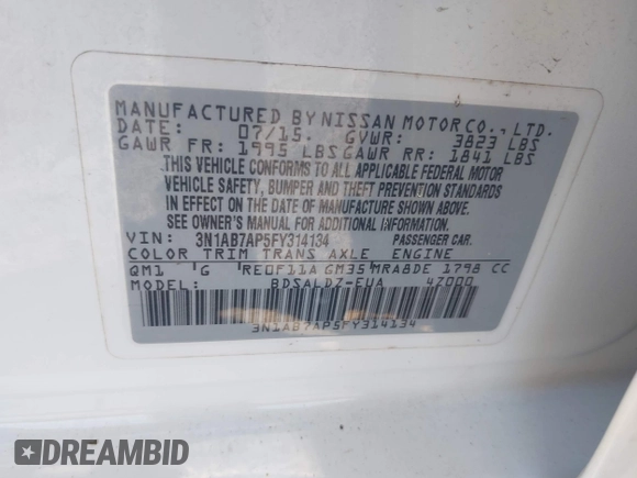 2015 Nissan Sentra SV z VIN 3N1AB7AP5FY314134, wystawiony jako IAAI lot #42265823 z przebiegiem 106 813 mil mil oraz . Historia ofert i sprzedaży dostępna na DreamBid. Obrazek 9.