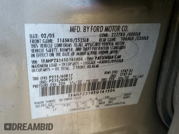 2005 Ford Ocean z VIN 1FAHP23145G161504, wystawiony jako Copart lot #44732275 z przebiegiem 139 653 mil mil oraz Szkoda całkowita • Salvage title. Historia ofert i sprzedaży dostępna na DreamBid. Obrazek 12.