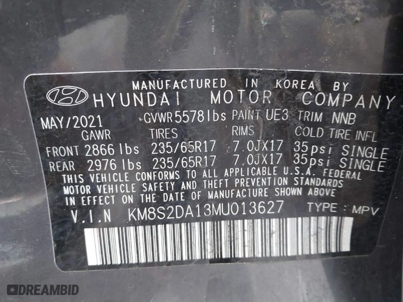 2021 Hyundai Santa Fe Hybrid Blue with VIN KM8S2DA13MU013627, listed as a IAAI auction lot 41630983 with 58,187 mi miles. Bid and sale history available at carsss.com. Image 9.