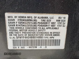 2011 Honda Pilot LX with VIN 5FNYF4H24BB014888, listed as a IAAI auction lot 41833552 with 163,416 mi miles. Bid and sale history available at carsss.com. Image 9.