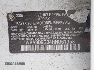 2017 BMW 3 Series 330i xDrive with VIN WBA8D9G34HNU61953, listed as a IAAI auction lot 41768524 with 89,559 mi miles. Bid and sale history available at carsss.com. Image 9.