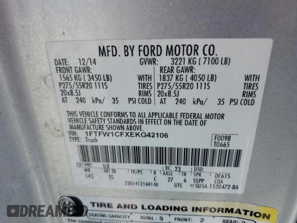 2014 Ford F-150 XL with VIN 1FTFW1CFXEKG42106, listed as a Copart auction lot 58229675 with 178,924 mi miles and Salvage title. Bid and sale history available at DreamBid. Image 12.