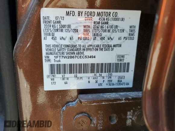 2012 Ford F-250 XL with VIN 1FT7W2B67CEC53494, listed as a Copart auction lot 53039075 with Not provided miles and Salvage title. Bid and sale history available at DreamBid. Image 13.