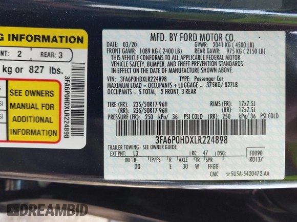 2020 Ford Fusion SE z VIN 3FA6P0HDXLR224898, wystawiony jako IAAI lot #42269794 z przebiegiem 55 023 mil mil oraz . Historia ofert i sprzedaży dostępna na DreamBid. Obrazek 9.