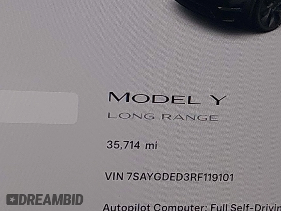 2024 Tesla Model Y with VIN 7SAYGDED3RF119101, listed as a IAAI auction lot 42019817 with 35,714 mi miles and . Bid and sale history available at DreamBid. Image 15.
