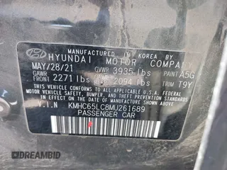 2021 Hyundai Ioniq Blue with VIN KMHC65LC8MU261689, listed as a IAAI auction lot 41857330 with 69,947 mi miles and . Bid and sale history available at DreamBid. Image 9.