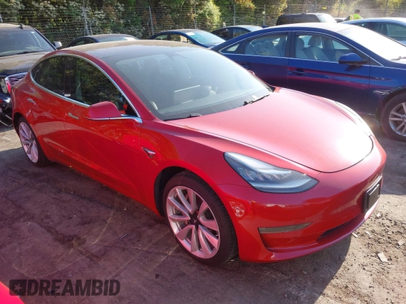 2018 Tesla Model 3 Long Range Battery with VIN 5YJ3E1EA5JF063555, listed as a IAAI auction lot 42028785 with 45,346 mi miles and . Bid and sale history available at DreamBid. Image 1.