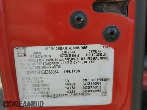 2003 Chevrolet Silverado 1500 LT with VIN 1GCEK19TX3E330934, listed as a Copart auction lot 51159685 with 245,124 mi miles and Salvage Title. Bid and sale history available at DreamBid. Image 12.