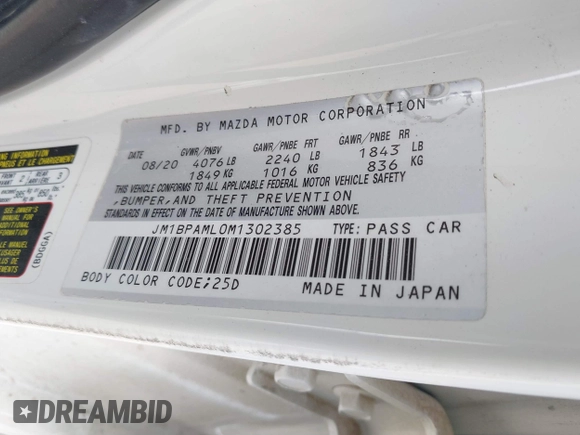 2021 Mazda 3 Premium with VIN JM1BPAML0M1302385, listed as a IAAI auction lot 41397521 with 55,907 mi miles and . Bid and sale history available at DreamBid. Image 9.